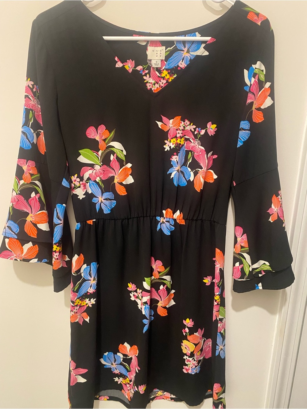 A new day Black Midi Dress with Pink, Blue & Orange Floral Print Size S. lined,